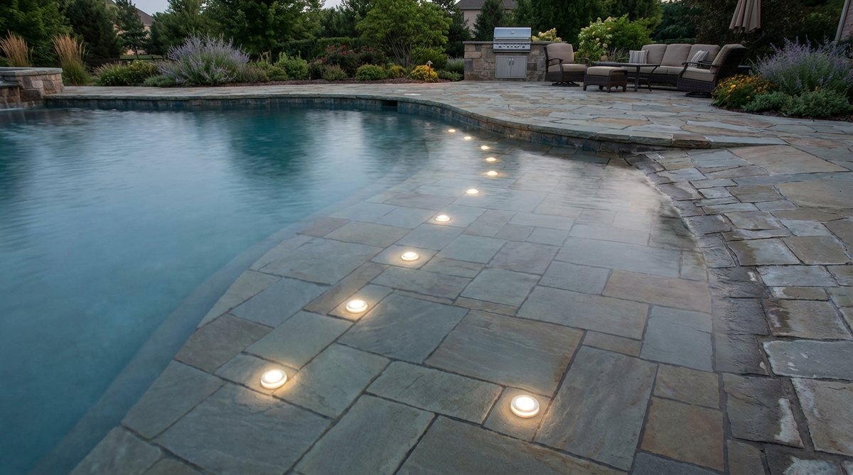 Small LED fixtures installed in pool beach entries to guide safe passage across sloped submerged surfaces, with waterproof construction that withstands constant submersion and foot traffic, spaced 24-36 inches apart along slope centerlines for optimal light diffusion in shallow water.