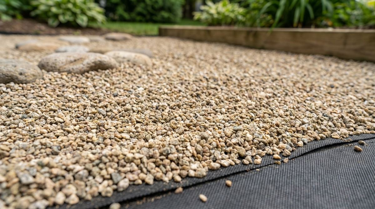 A close-up view of crushed granite forming the base layer of a zen garden, showing its compacted yet rakeable texture in natural tan and gray tones. The material is applied over landscape fabric to prevent weeds, providing an economical and authentic appearance for traditional garden designs.