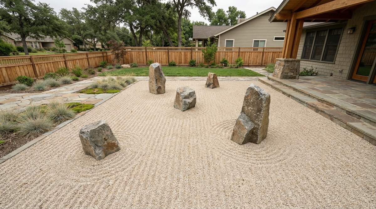A minimalist Japanese dry garden composition featuring three to five carefully selected stones arranged in asymmetrical balance with expansive gravel surrounds. The design emphasizes negative space as an active element, following principles of odd numbers and triangular arrangements. Gravel is raked in straight lines parallel to the primary viewing angle, creating a serene and contemplative landscape.