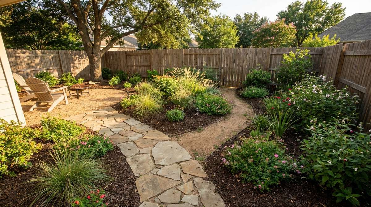 Illustration showing narrow garden paths: 24-inch primary path for single-file traffic and 18-inch secondary access path between planting beds, demonstrating space-efficient design for small backyards.