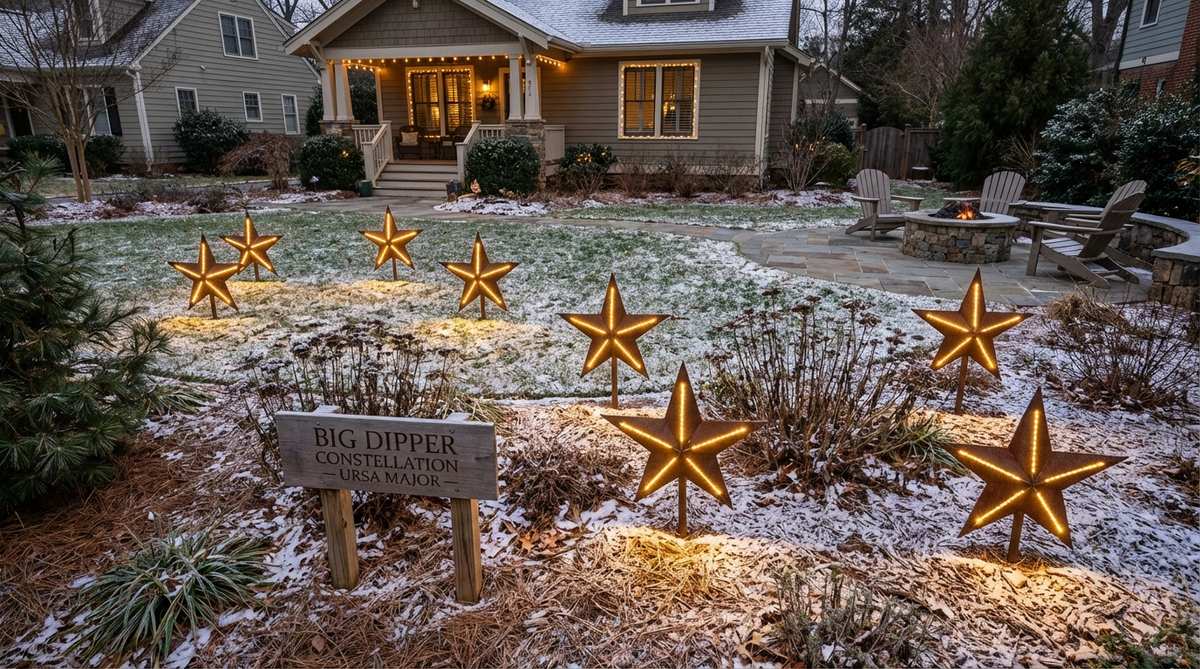 A decorative arrangement of illuminated star stakes in a constellation pattern, such as Orion or the Big Dipper, for outdoor Christmas decor. This setup combines educational astronomy elements with festive lighting, enhancing winter seasonal appeal and viewer engagement.