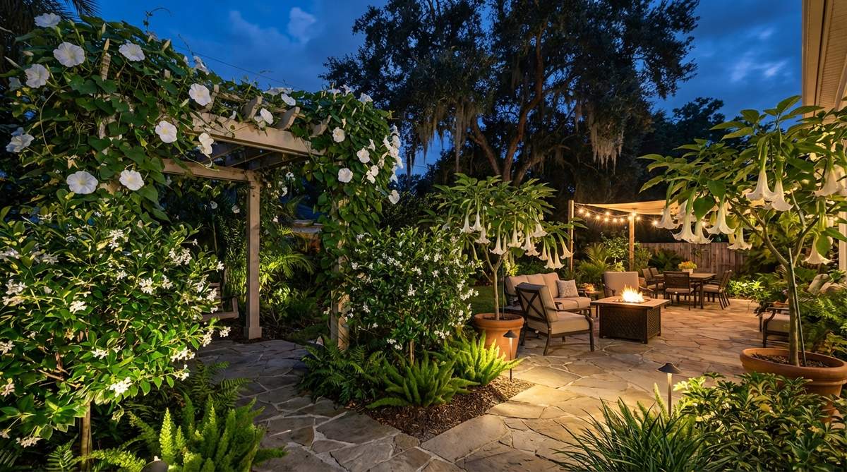 A magical tropical night garden featuring white and fragrant plants like moonflower, angel's trumpet, and night-blooming jasmine, with strategic lighting highlighting the blooms and foliage for evening entertaining.
