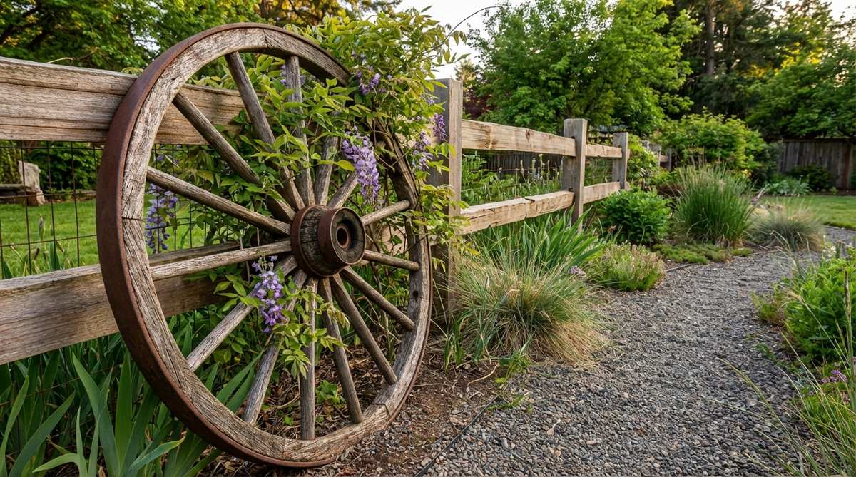 A rustic wooden wagon wheel used as garden decor, leaning against a fence with weathered spokes and iron rim hoops. Can be mounted vertically as a trellis for climbing vines or laid flat as a sculptural element in gravel gardens.