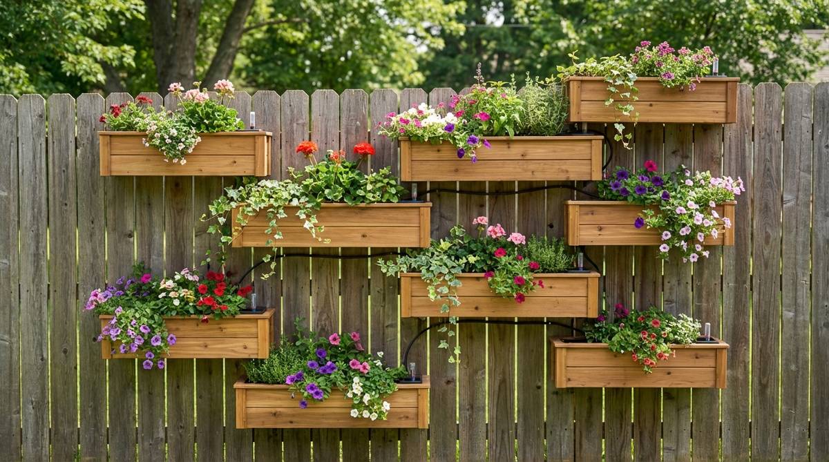 A stacked arrangement of multiple window boxes mounted at varying heights on a fence or wall, showcasing a dynamic container garden that saves ground space. The boxes are staggered in an irregular pattern to enhance light penetration and feature self-watering systems with built-in reservoirs for efficient irrigation.