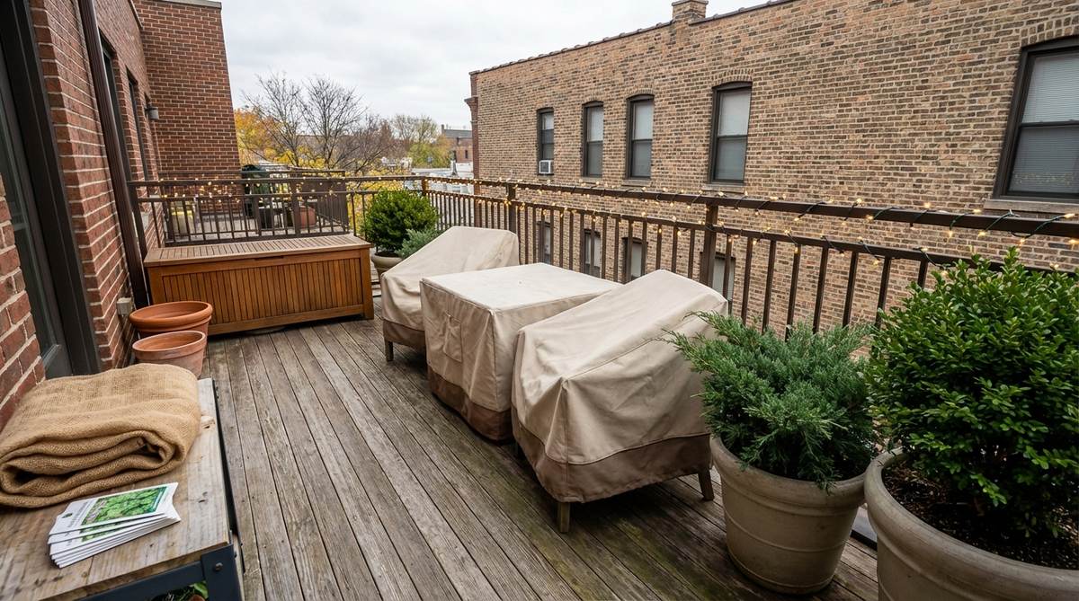 A balcony scene showing winter preparation steps, including storing delicate items indoors, covering furniture, maintaining evergreen plants, and adding outdoor holiday lights for a festive touch while allowing minimal styling for occasional access.