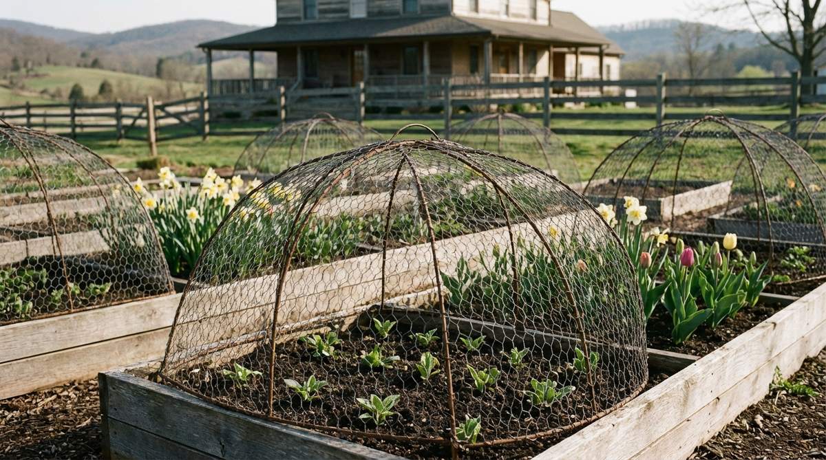 Decorative chicken wire cloches protecting seedlings in a garden. Dome-shaped wire mesh structures allow light and rain to penetrate while adding rustic farmhouse texture to vegetable gardens and early spring bulb displays.