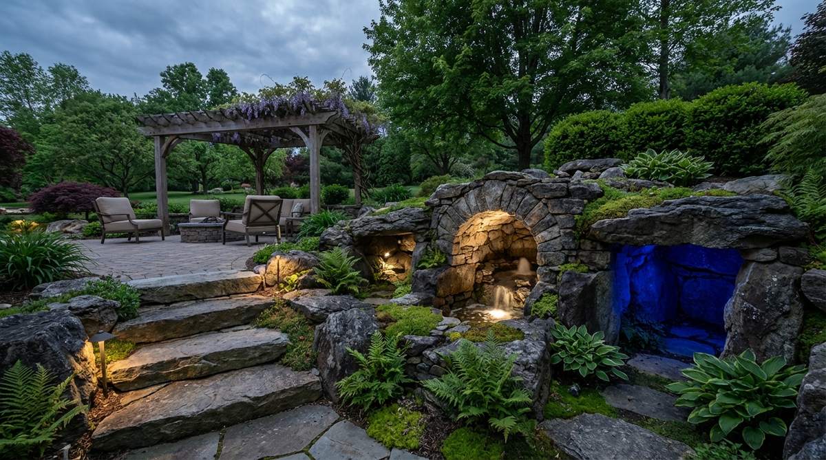 Compact waterproof lighting fixtures installed in rock grottos and artificial caves, creating mysterious illuminated retreats with concealed placement that emphasizes architecture. Features color-changing LEDs that shift between natural white and saturated blues or greens for mood flexibility.