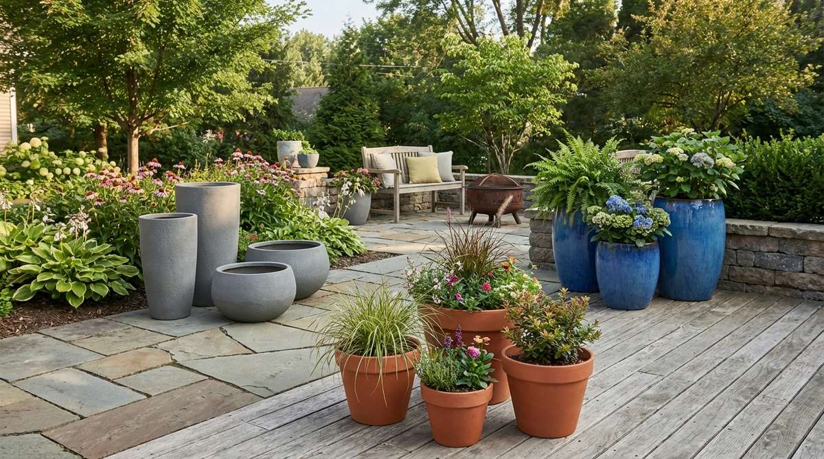 A visual guide showing how to arrange containers in odd-numbered groupings of 3, 5, or 7 pots with varying heights and diameters to mimic natural plant distributions, featuring unified colors or materials like glazed ceramic, terracotta, and fiber clay for small garden spaces.
