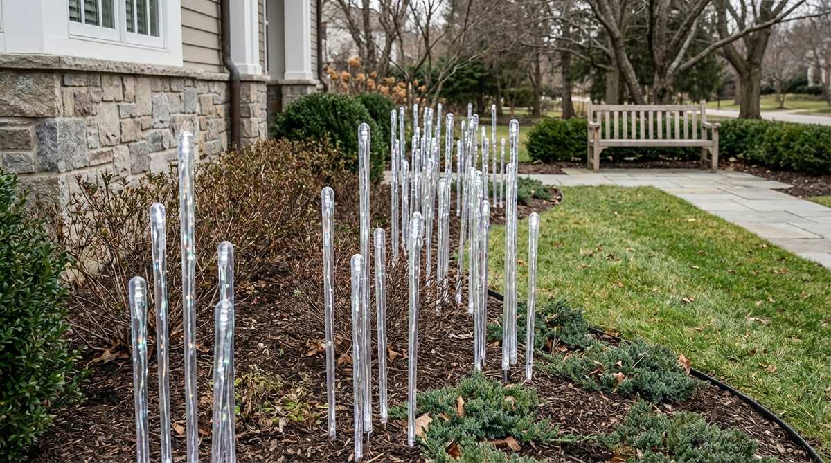 A dense cluster of acrylic or LED icicle stakes arranged in varying heights to mimic natural ice formations emerging from foundation beds. The translucent materials allow light transmission and create prismatic effects during daylight hours, suggesting frozen elements for outdoor Christmas decor.