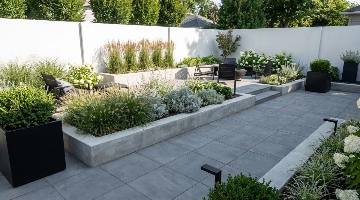 A sophisticated modern garden design featuring a monochrome palette of white, gray, and black surfaces. White vertical elements reflect light for spaciousness, gray paving and walls act as neutral bridges, and black accents like planters add visual weight. This neutral background emphasizes plant forms and seasonal changes, with texture variation maintaining visual interest.
