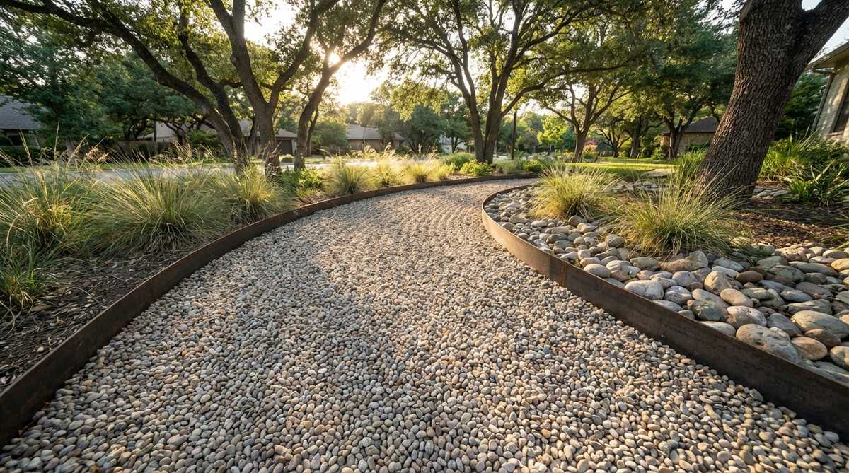 A close-up view of pea gravel pathways in a zen garden, featuring small rounded stones that create a distinctive crunching sound underfoot, enhancing sensory experience and security. The pathways are neatly edged with steel or aluminum to contain the gravel and prevent migration into adjacent planted areas.