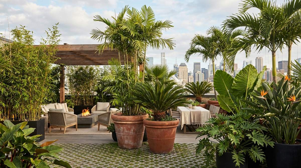 A lush tropical rooftop garden featuring container-grown palms, bamboo, and bold foliage plants, designed with lightweight growing media and wind-tolerant species to create an urban escape.