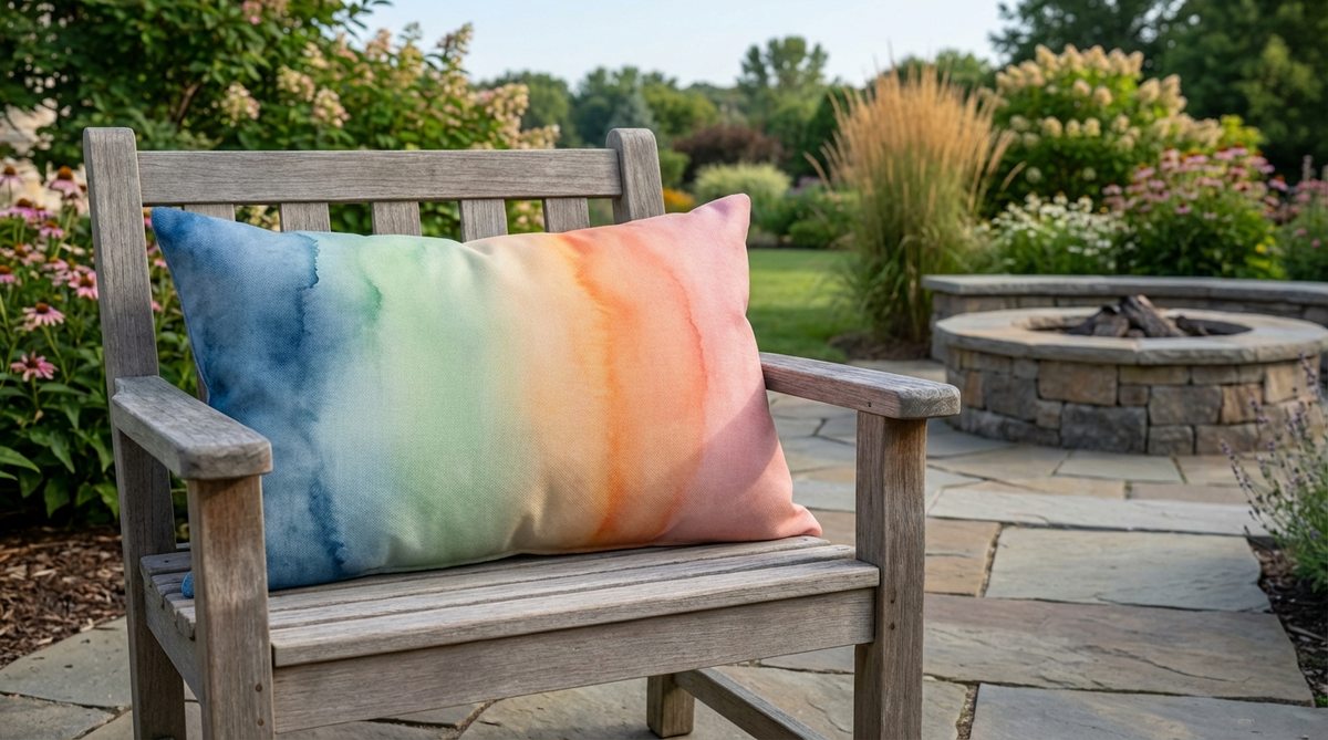 Outdoor decor pillow featuring soft abstract watercolor washes with blue-to-green ombre or sunset-inspired orange-to-pink gradients. Digitally printed on weather-resistant fabric to maintain artistic watercolor textures in outdoor spaces.