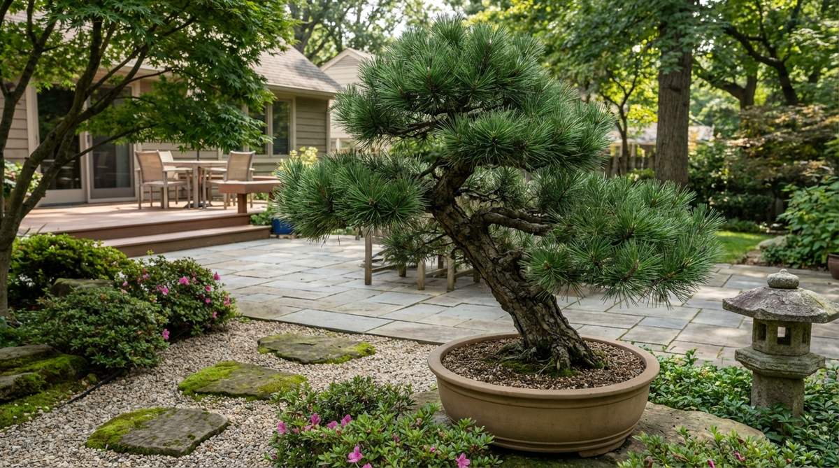 A formal upright Austrian Pine (Pinus nigra) bonsai with thick, rigid dark green needles, showcasing strength and contrast in a Japanese garden setting, ideal for multi-specimen displays and tolerant of urban environments.