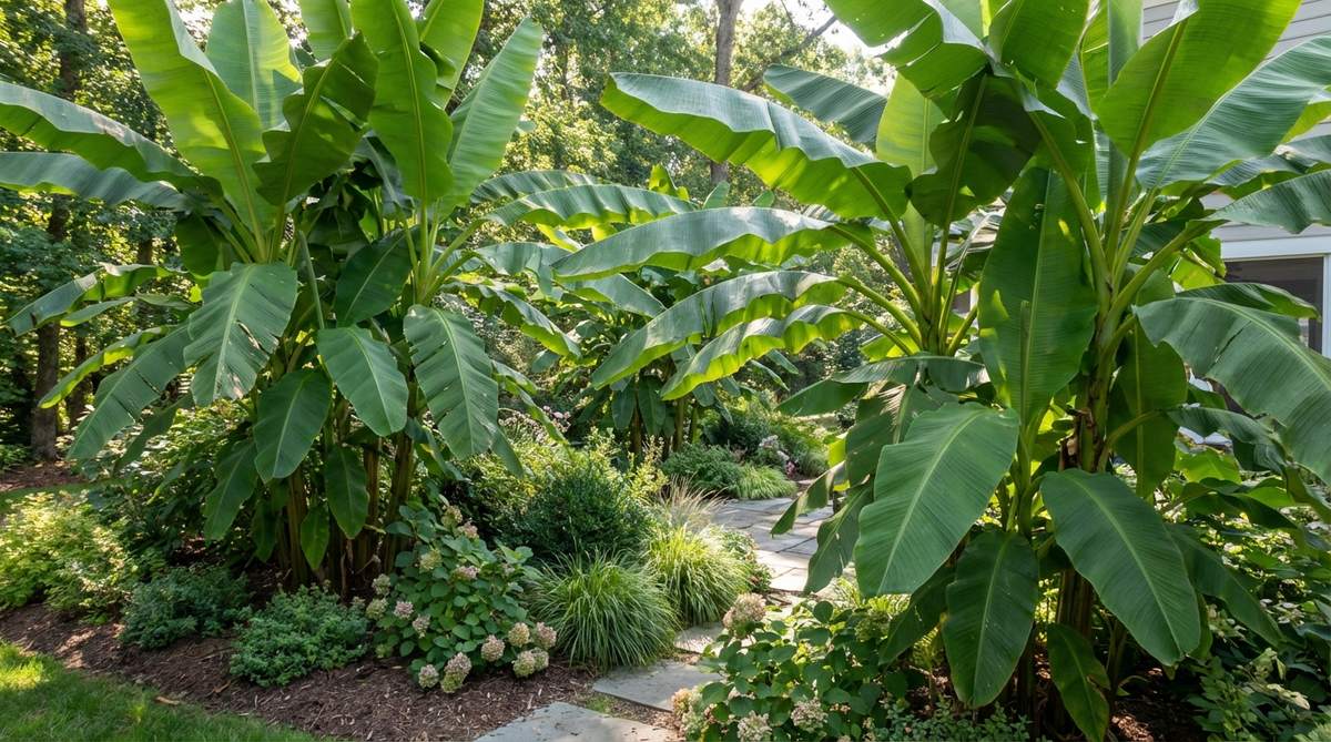 A dramatic vertical composition of banana plants with large paddle-shaped leaves creating tropical garden interest. The image shows Musa basjoo varieties planted in groups behind lower shrubs, demonstrating how these fast-growing plants add scale and presence to temperate and tropical gardens alike.