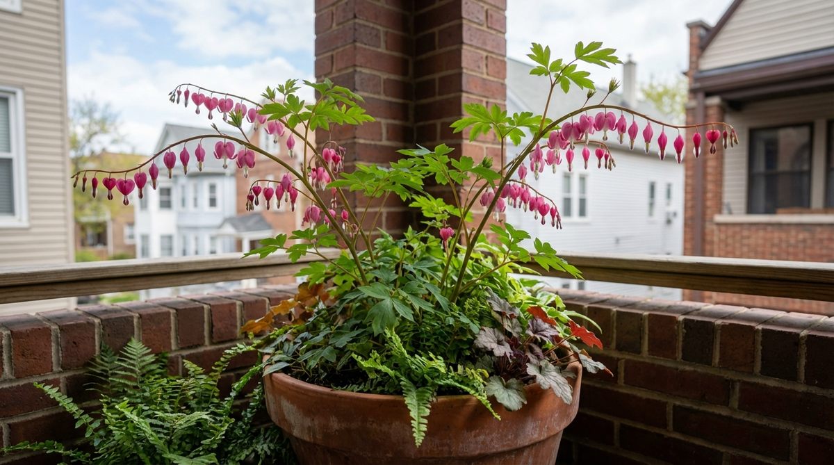 A close-up photo of Bleeding Heart (Dicentra) plants on an urban balcony, showcasing their heart-shaped pink and white flowers dangling from arching stems in spring. The image highlights the plant's suitability for shady, north-facing balconies with moderate wind, and includes underplanting with late-season fillers to maintain container appeal throughout the year.