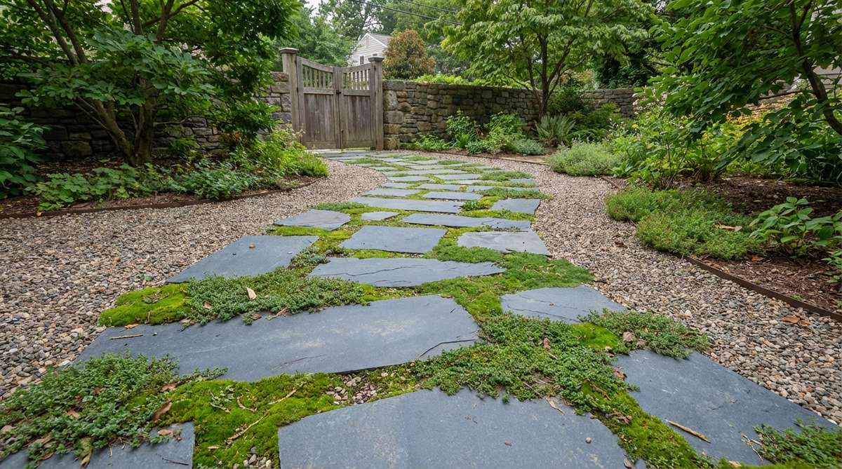 A garden path made of individual bluestone slabs set in crushed rock, with deep gray-blue stones contrasting against green groundcovers planted between pavers. The stepping stones are spaced 18-24 inches apart for comfortable stride length, set flush with the surrounding grade, with joints backfilled with smaller gravel or naturally colonized by moss.