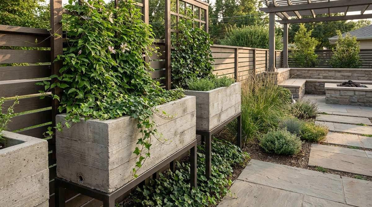 Rectangular concrete planters with wood grain impressions from rough-sawn lumber, elevated 18-24 inches tall with drainage weep holes, used for vertical gardening in a mid century modern garden setting.
