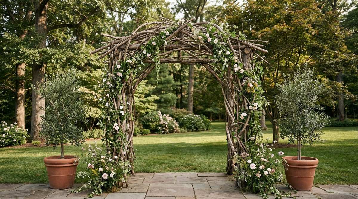 A woodland-inspired natural frame made from gathered branches woven with trailing vines, perfect for garden wedding decor. This raw wood structure brings forest elements into outdoor settings, with vines and small blooms wired throughout for a rustic, textural contrast. Ideal for enhancing garden themes with potted trees on either side to create a cohesive natural environment.