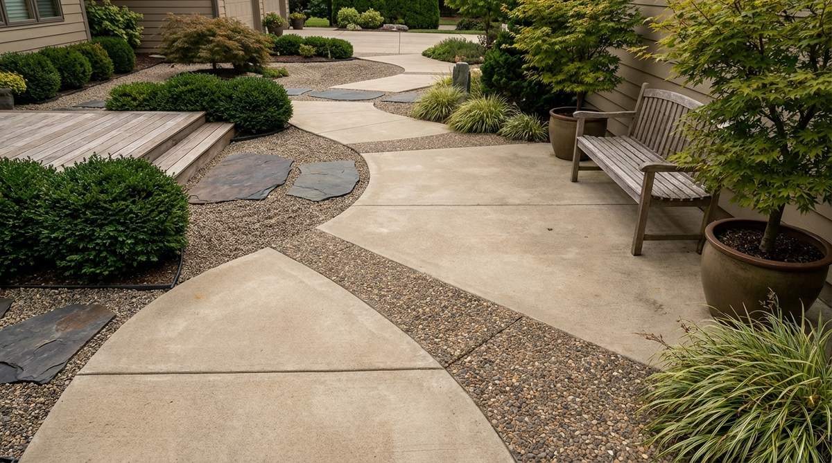 A brushed concrete surface with exposed aggregate pebbles, showcasing textural contrast and clean lines in a modern Japanese garden setting. The finish provides slip resistance for pathways and patios while harmonizing with surrounding stone elements through carefully selected aggregate colors.