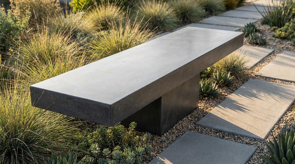 A sleek cantilevered concrete bench with a smooth monolithic surface and sharp edges, appearing to float from a single support point. The industrial-style bench showcases polished charcoal concrete with subtle aggregate texture, demonstrating dramatic engineering that spans 4-6 feet while maintaining structural integrity. The bench sits in a contemporary garden setting, developing an attractive patina over time.