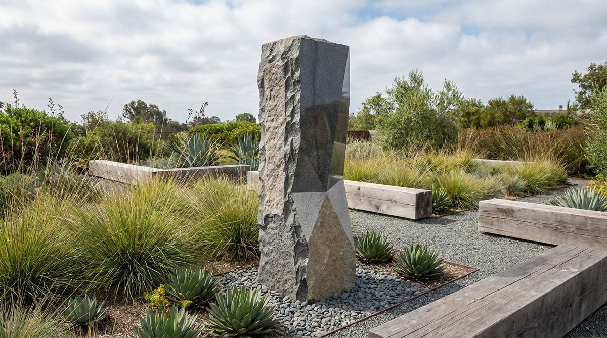 A contemporary hand-carved granite monolith sculpture in a modern garden, featuring polished and rough-hewn surfaces with geometric and organic textures, designed as a permanent vertical landmark with weather-resistant granite.