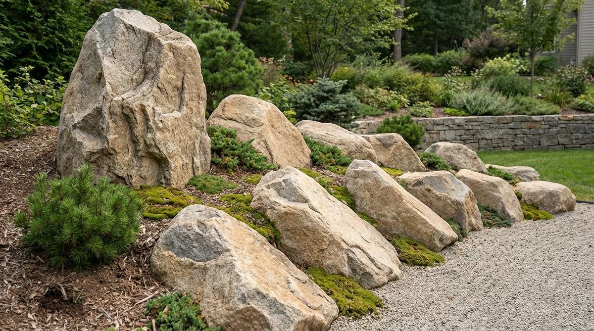 A dynamic arrangement of seven progressively smaller boulders descending from a tall anchor stone, creating a mountain-to-valley transition in a zen garden. The stones are angled slightly forward to enhance cascading visual flow, using similar-colored rocks for compositional unity. This formation suggests geological time and natural erosion processes while guiding energy downward, ideal for sloped terrain.