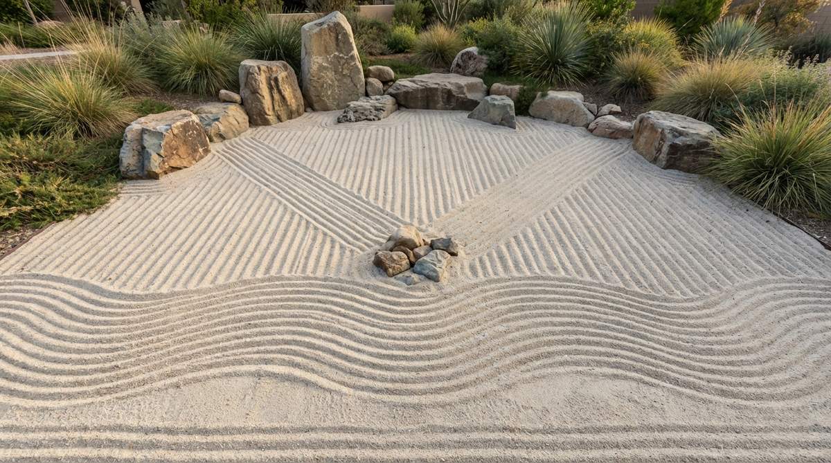 Vertical or diagonal lines in sand mimicking a waterfall, with parallel strokes from top to bottom and slight convergence at the base, accompanied by rocks at the top and horizontal ripple patterns below to simulate water dynamics in a zen garden.