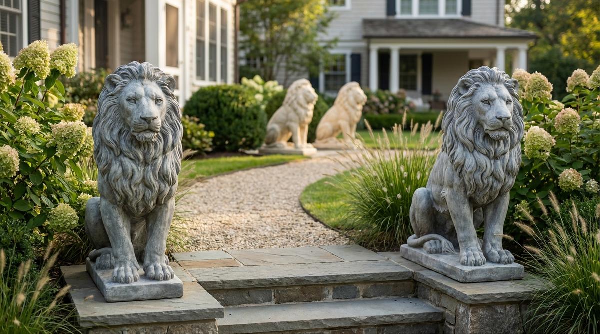Guardian cast stone lion statues for garden decor, featuring detailed mane carving and muscular modeling. Perfect for framing estate gates, terrace steps, or pathway turns to create narrative progression in landscape design. Available in weathered gray patina or sealed cream tones.