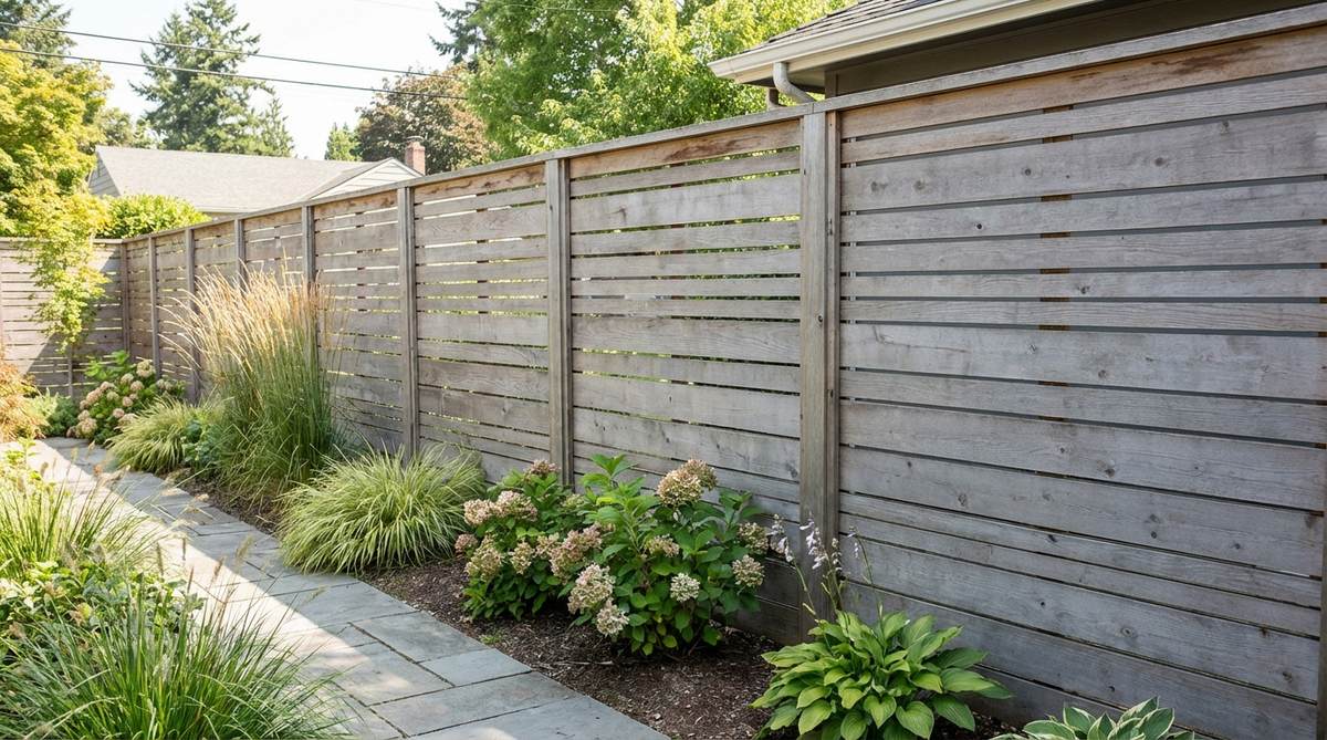 A contemporary garden fence featuring Western red cedar boards arranged horizontally, aging to a soft gray when untreated. Hidden clip systems provide clean sightlines without visible screws, with boards spanning between posts set eight feet apart to create strong horizontal emphasis. Vary board widths between 4 and 8 inches for subtle rhythm, and seal with clear penetrating oil to maintain golden tones while resisting decay naturally.