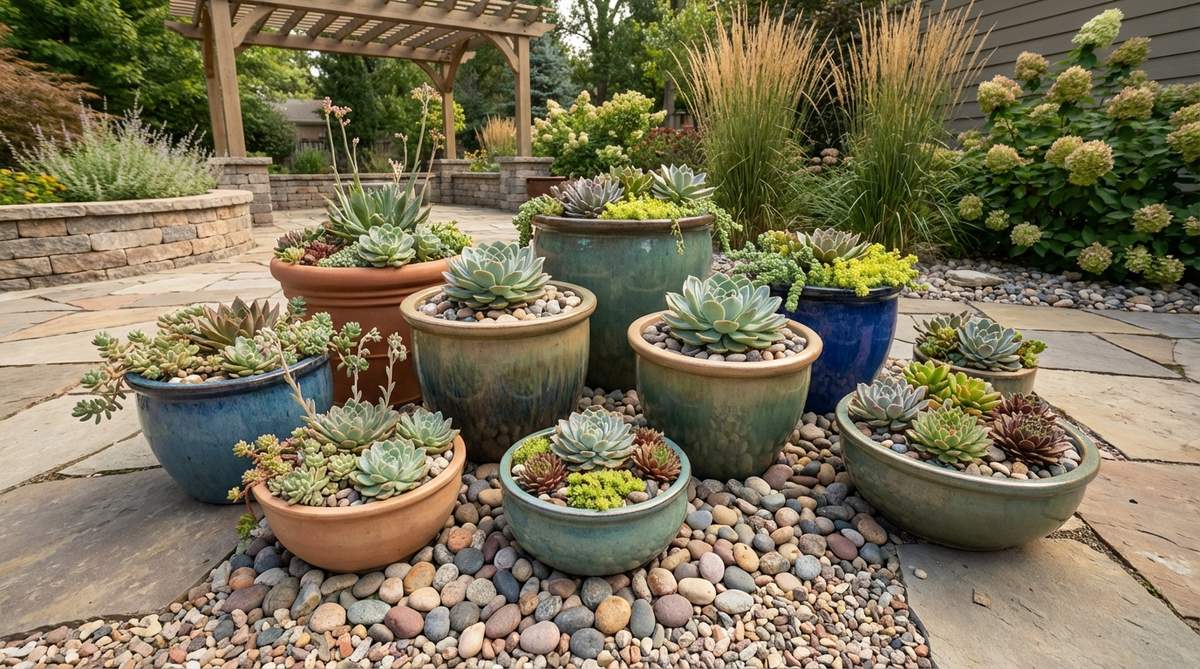 A collection of glazed ceramic pots in various sizes filled with echeveria, sedum, and sempervivum succulents, topped with decorative gravel for moisture retention and visual appeal in garden decor.