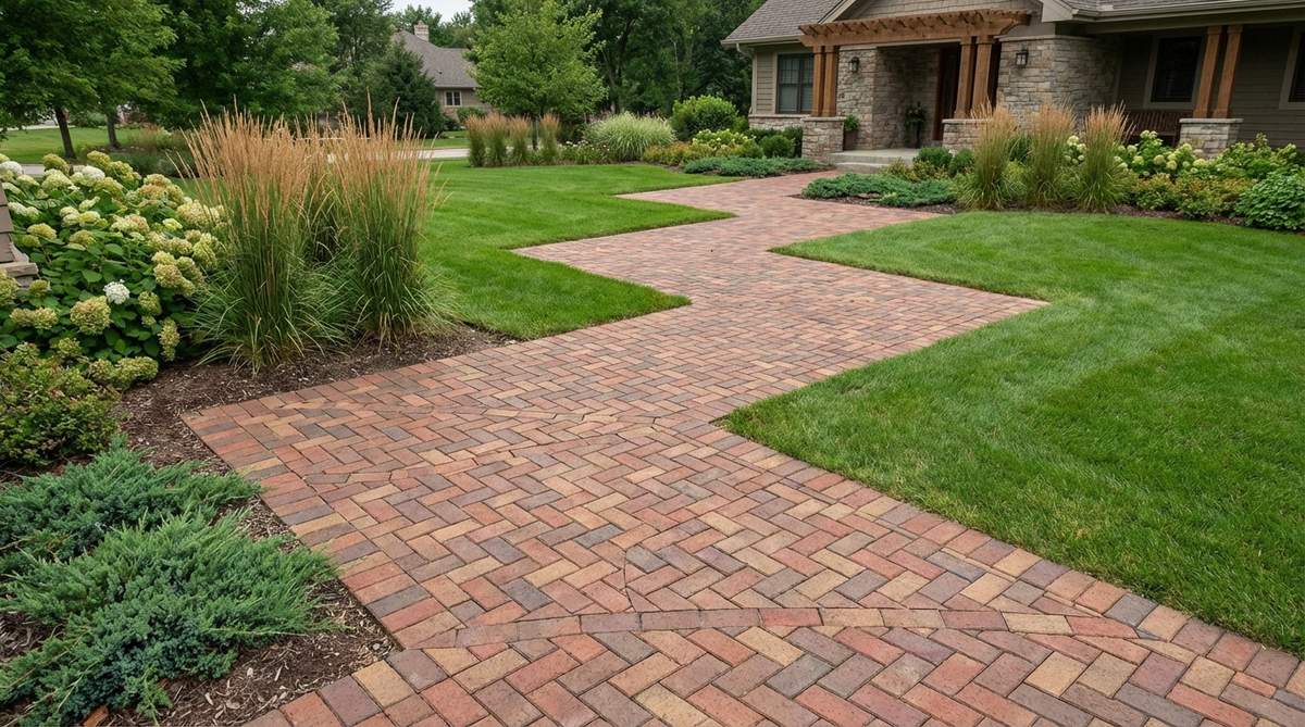 A seamless V-formation brick pattern with precise angled cuts creating flowing zigzag lines, ideal for contemporary walkways and large patio expanses in upscale garden installations.