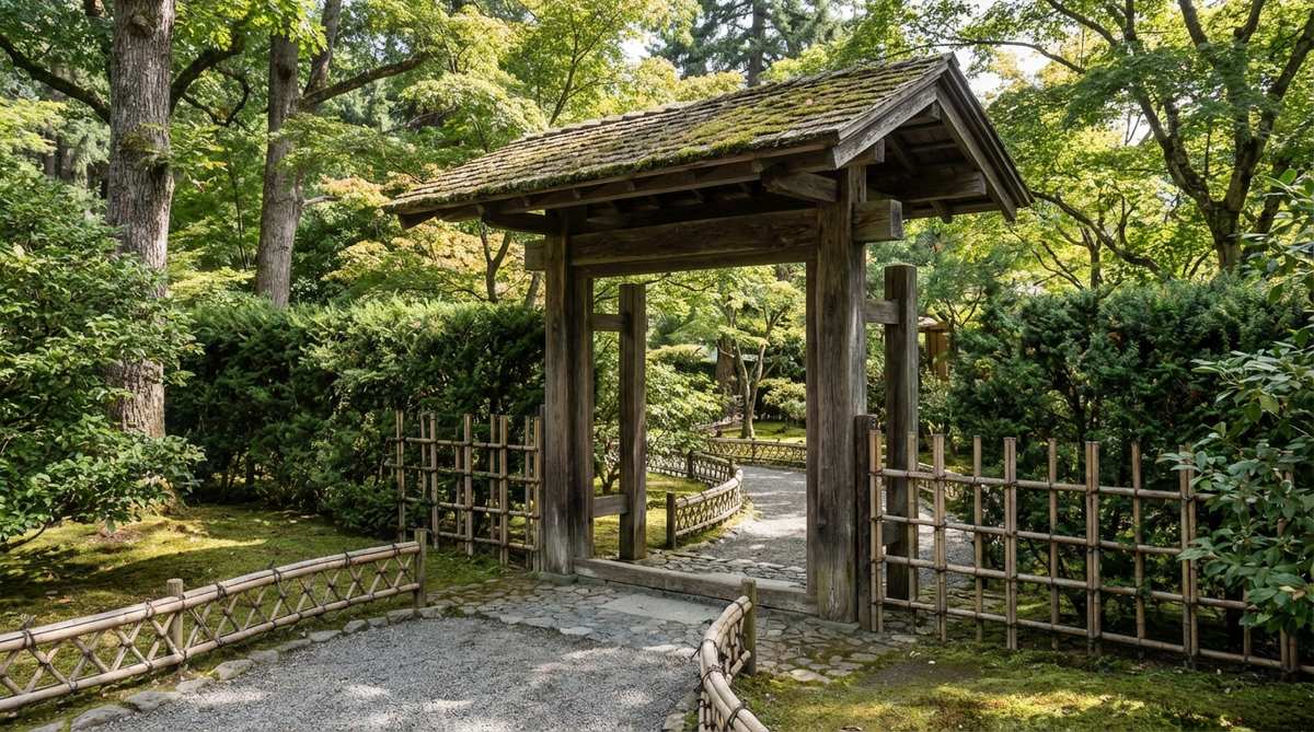 A weathered timber chumon gate with a small hip roof marking the transition between outer and inner roji zones in a Japanese tea garden. The 5-6 foot tall structure stands without doors, flanked by low bamboo fencing and natural hedging that defines the pathway edges, creating a psychological boundary into ceremonial space.