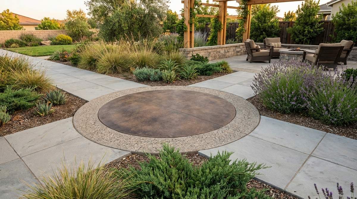 A modern garden design featuring a circular concrete medallion inlay embedded within rectangular pathways. This focal point uses stained concrete, exposed aggregate, or textured finishes to create visual contrast. Positioned at pathway intersections or garden entries, the medallion typically measures 36-48 inches in diameter, providing appropriate scale for residential gardens.