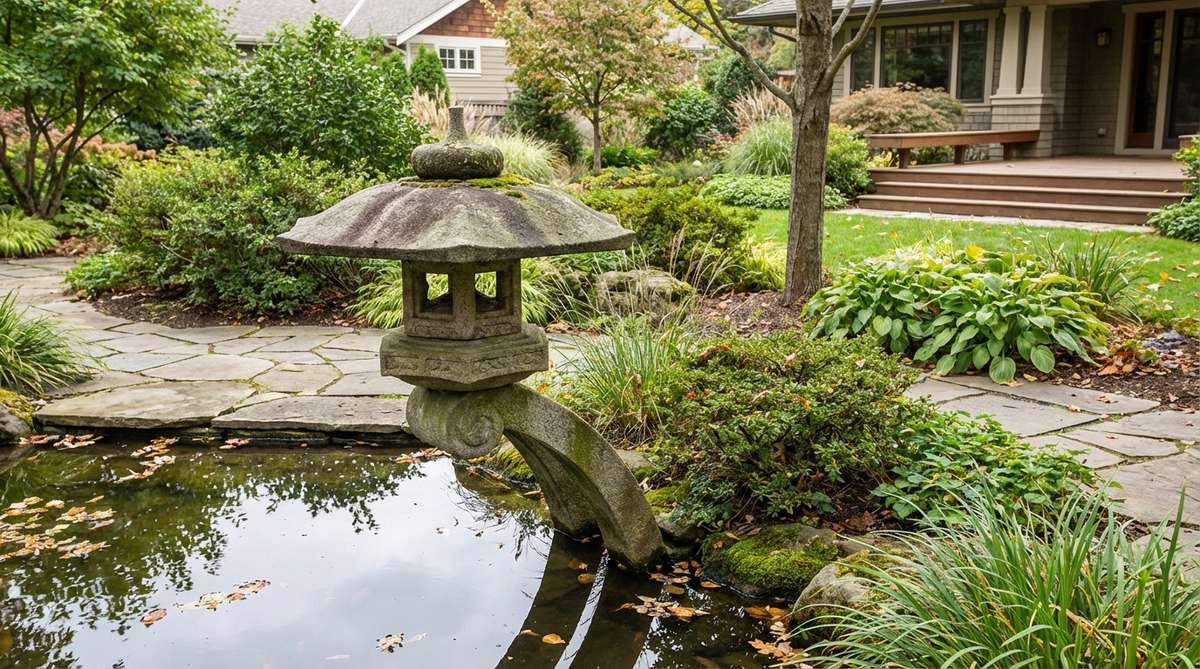 A traditional Japanese garden lantern with three curved legs supporting a broad umbrella roof and compact fire chamber, designed for placement at pond edges to reflect light on water and catch snow in winter.