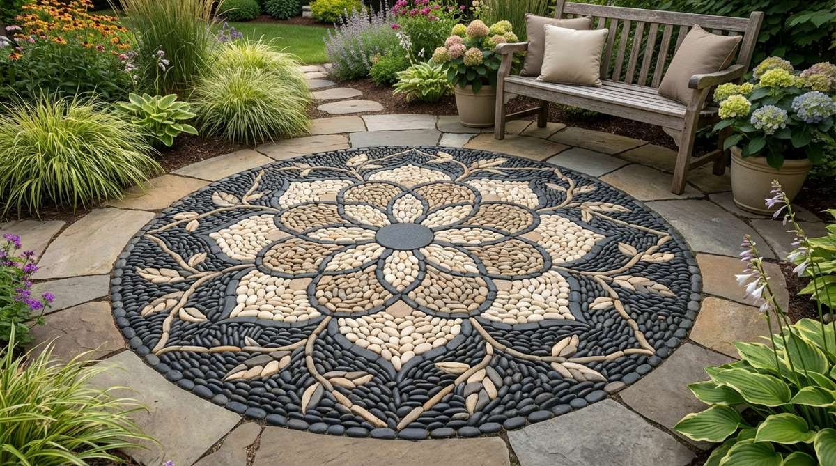 A stylized floral mosaic crafted from black, white, and beige stones, featuring petals arranged around a contrasting center with stem and leaf details. Ideal as an accent in paved garden areas or as stepping stones, this design creates playful focal points near seating or along pathways.