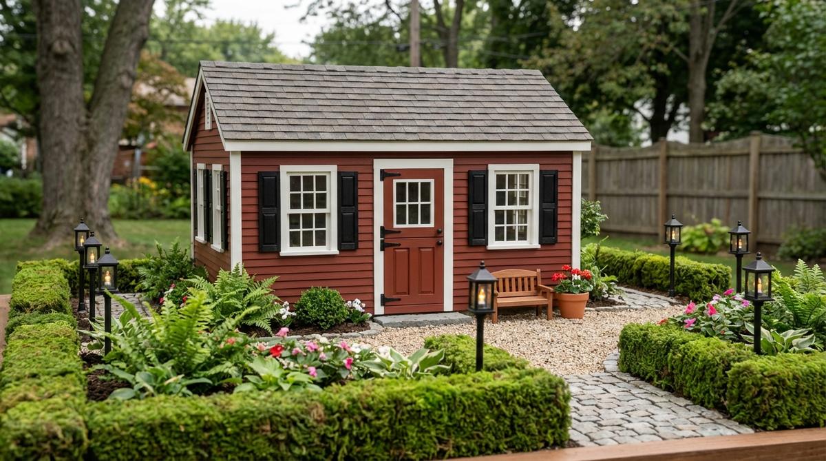 A miniature garden shed designed in American colonial style, featuring brick-red paint, black shutters, and white trim. The symmetrical design includes a centered door with matching windows, complemented by miniature lantern posts, cobblestone pathways, and formal boxwood hedges made from preserved moss, ideal for traditional landscape designs.