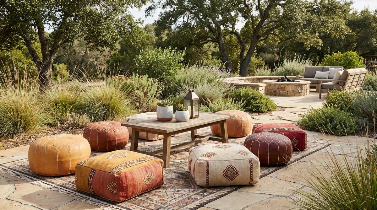 A vibrant collection of hand-stitched Moroccan pouf seats in leather and textile, featuring traditional embroidery in earthy tones like ochre and terracotta, arranged in a flexible boho garden seating area with weather-resistant fabrics for outdoor use.