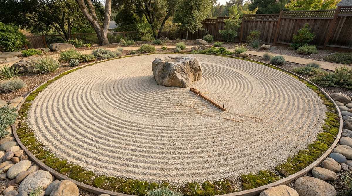 A detailed illustration of concentric circle patterns raked in a Zen garden, showing perfect circles emanating from a central stone placement to represent energy radiating outward. The pattern demonstrates varying circle spacing from tight near the stone to wider at the perimeter, creating an illusion of depth, with a string compass visible as a tool for precision.