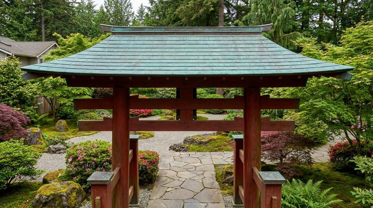 A Japanese garden gate featuring a torii with a protective copper roof that has developed a natural verdigris patina, contrasting beautifully with the red-stained timber crossbeams below. The shallow-pitch hip roof extends beyond the crossbeam ends with integrated flashing to prevent water infiltration.