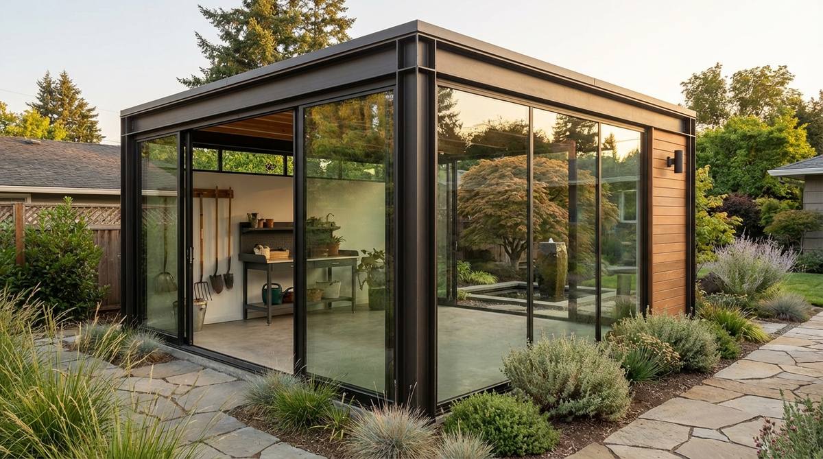 A modern garden shed featuring two perpendicular glass walls that create a transparent corner, dissolving boundaries between garden and interior. The design uses structural steel posts and low-E glass to minimize visual interruption while preventing heat gain, positioned to capture garden focal points like specimen trees or water features.