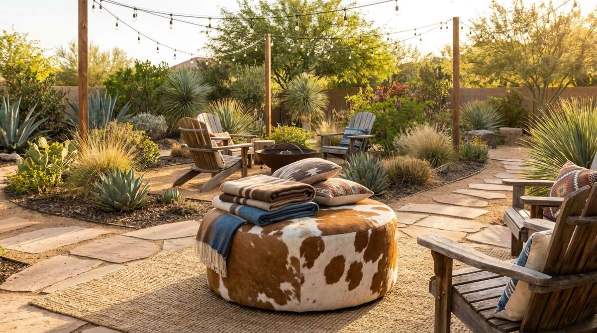 A natural hide ottoman serving as a centerpiece in western boho decor, featuring organic brown-and-white patterns that complement textile layers and bridge warm and cool color palettes.