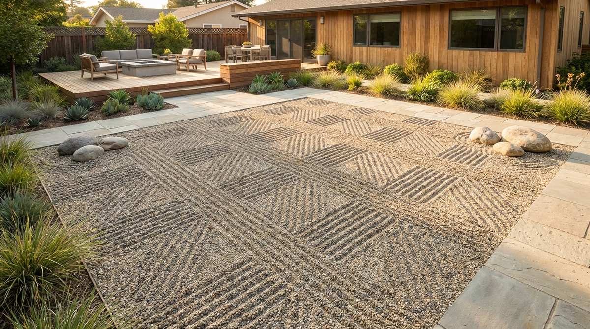 A geometric pattern of intersecting diagonal lines forming diamond shapes across a gravel bed, representing order and structure in zen garden design. This contemporary interpretation of traditional aesthetics features parallel lines raked at 45-degree angles in perpendicular directions, creating a grid pattern ideal for square or diamond-shaped garden plots.