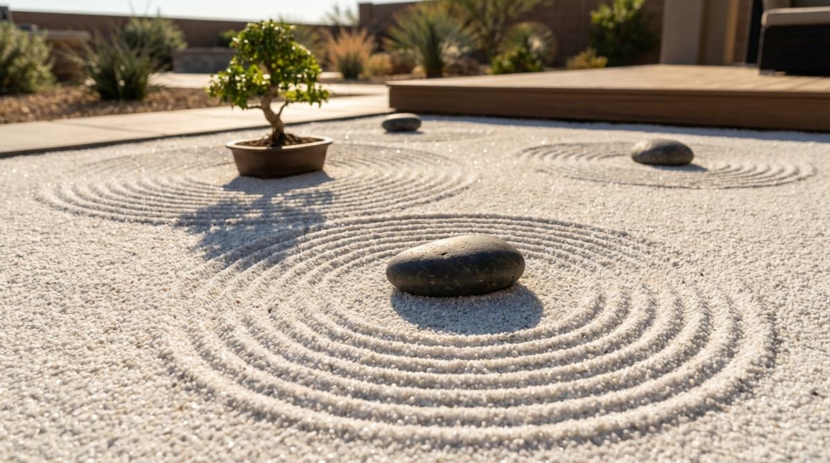 Premium crushed white marble sand in a miniature zen garden, showing sharp rake patterns and excellent light reflection. This fine-particle sand resists dispersion and clumping for superior pattern retention.