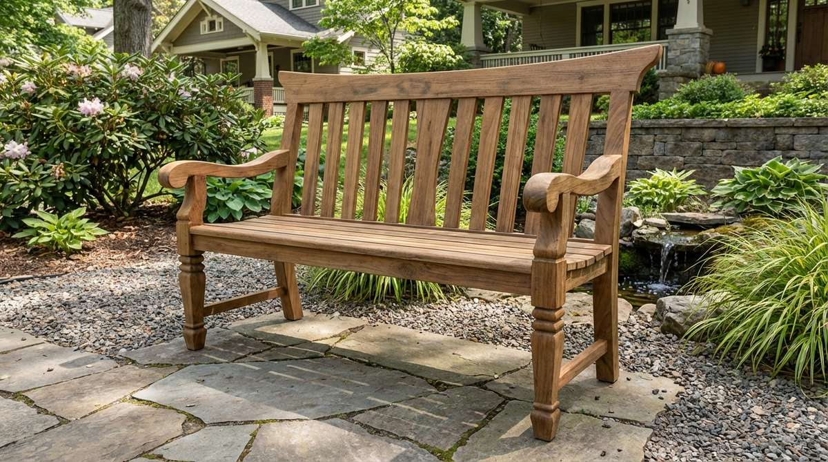 A Japanese garden bench with a curved crest rail inspired by Buddhist temple gates, crafted from durable teak wood with tapered back splats, Tudor-style front legs, and angled rear legs. This hybrid design features curved armrests for meditation postures and is built with laminated teak stock using marine-grade epoxy for over 50 years of outdoor use.