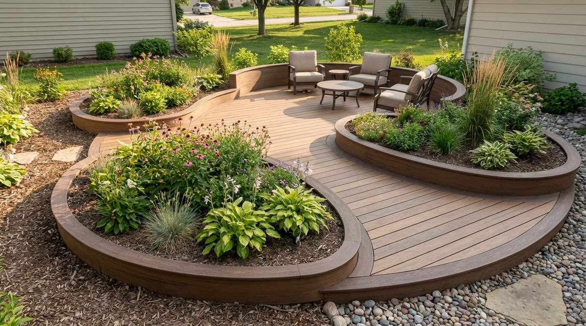 A small garden deck with gentle curved edges that follow natural garden contours, creating organic seating zones and softening the transition between decking and planting beds. The curved sections are framed with flexible composite trim boards that bend smoothly without kinking, demonstrating how curved edges can make small spaces feel less boxy and more visually interesting.
