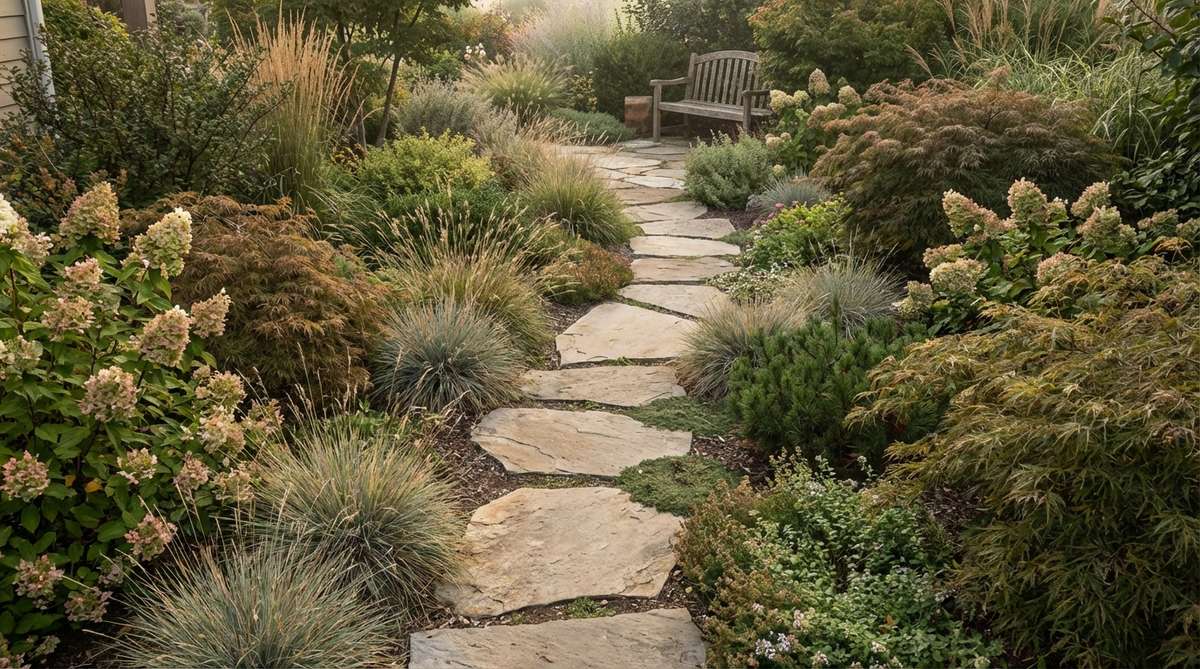 A gentle, curving line of large stepping stones set just above lawn or gravel, inviting slow walking through lush planting of shrubs, ornamental grasses, and small trees. The staggered pattern draws the eye and body into the garden, encouraging mindful steps toward a focal point at the end.