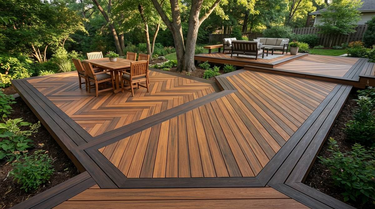 A deck showcasing custom pattern decking layouts like diagonal, herringbone, and picture-frame designs. The image highlights geometric patterns created with contrasting board colors, dark borders framing lighter sections, and pattern changes that define different functional zones of the deck.