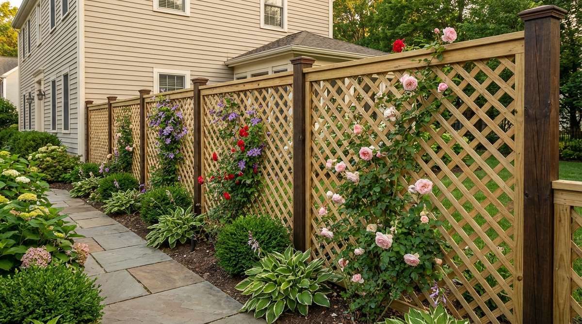 Pressure-treated lattice panel with 2-inch diamond openings mounted on 4x4 posts, creating a visual barrier along a property line. The diagonal lattice pattern blocks sightlines while supporting climbing plants like roses and clematis. The panel is stained to complement home siding and stands at 6 feet minimum height.