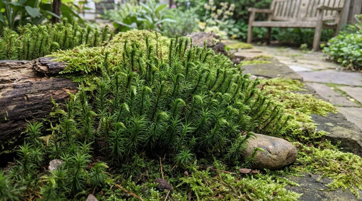 Close-up of Dicranum scoparium moss showing its distinctive broom-like structure with upright growth resembling tiny broom heads. This deep green moss creates structural interest in Japanese garden moss carpets, growing on both soil and decaying wood around logs or tree bases. The hardy species tolerates temperature fluctuations and gradually colonizes stone surfaces to soften sharp edges.